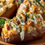 Creamy High Protein Chicken Pot Pie Stuffed Sweet Potatoes First Image