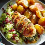 Citrus Fennel Stuffed Chicken with Crispy Roasted Potatoes & Shaved Brussel Sprout Salad First Image