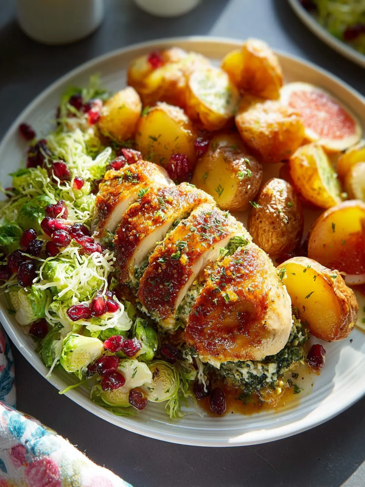 Citrus Fennel Stuffed Chicken with Crispy Roasted Potatoes & Shaved Brussel Sprout Salad First Image